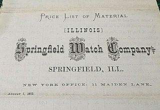 Rare 1875,  SPRINGFIELD IL WATCH Co.  Antique Booklet Price list,  6 Pages 2
