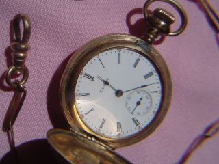 Elgin Ladies Gold Pocket Watch Philadelphia Case 20 Year G.  B & C Chain Vintage