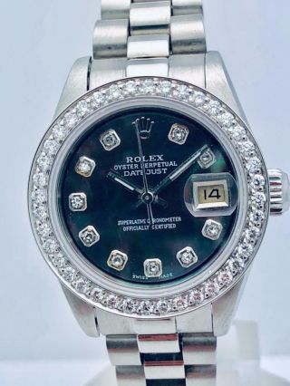 Estate Rolex Datejust Ss President 26mm Ladies Watch Diamond Bezel & Pearl Dial
