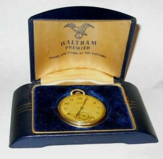 Vintage 1940 Waltham Premier 12s 17 Jewel 10k Gold Plate Pocket Watch W/case