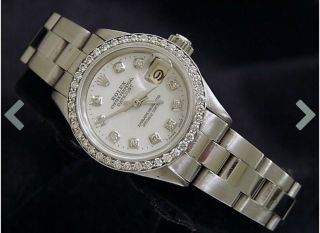Ladies Rolex Stainless Steel Datejust Date Watch W/white Mop Diamond Dial& Bezel