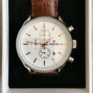 Vincero Chrono S Watch Silver Rose Gold White Face Men’s Luxury Brown Leather