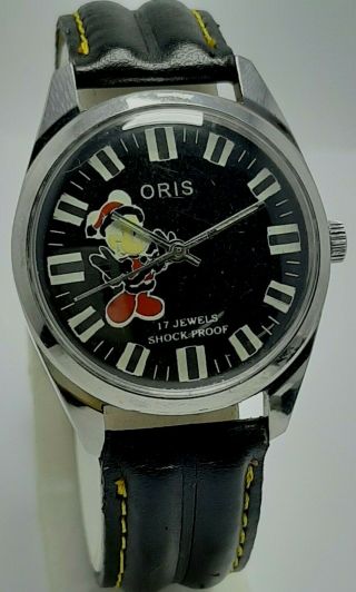 Rare Swiss Made Vintage Oris Black Dial Hand Winding 17j Wrist Watch For Men 