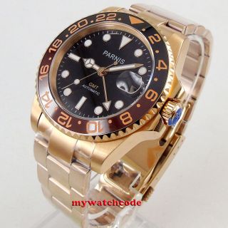 40mm Parnis Black Dial Sapphire Glass Golden Case Date Gmt Automatic Mens Watch