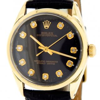 Mens Rolex 14k Gold Shell Oyster Perpetual No - Date Watch Black Diamond 1024