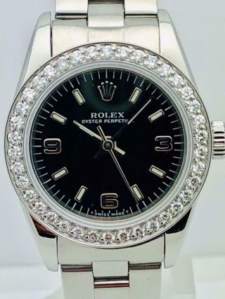 Estate Rolex Oyster Perpetual Ss Diamond Bezel & Black Dial 24mm Ladies Watch