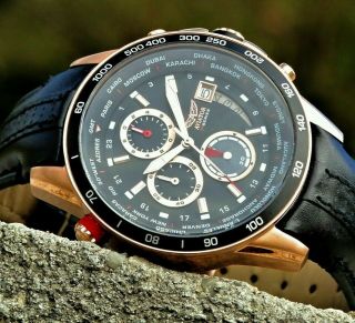 Aviator Pilot Watch Mens Waterproof Quartz Chronograph Black Leather Wristwatch