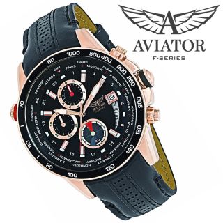 AVIATOR Pilot Watch Mens Waterproof Quartz Chronograph Black Leather Wristwatch 2
