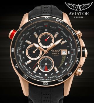 AVIATOR Pilot Watch Mens Waterproof Quartz Chronograph Black Leather Wristwatch 3