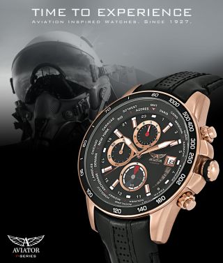 AVIATOR Pilot Watch Mens Waterproof Quartz Chronograph Black Leather Wristwatch 4