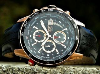AVIATOR Pilot Watch Mens Waterproof Quartz Chronograph Black Leather Wristwatch 5