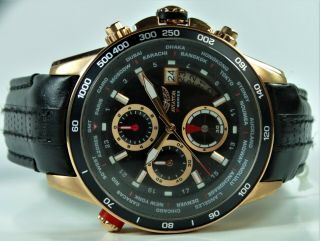 AVIATOR Pilot Watch Mens Waterproof Quartz Chronograph Black Leather Wristwatch 7