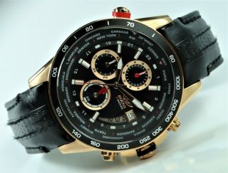 AVIATOR Pilot Watch Mens Waterproof Quartz Chronograph Black Leather Wristwatch 8