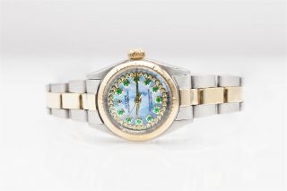 $7000 Rolex Ladies Oyster Blue Mop Emerald Diamond 18k Gold Ss Watch Wty