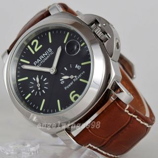 Parnis 44mm Black Dial Seagull Power Reserve Polished Case Date Automatc Watch
