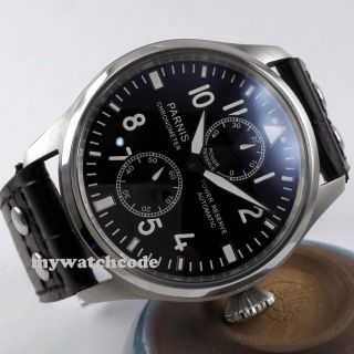 47mm PARNIS black dial leather power reserve ST2542 automatic mens watch P95 2