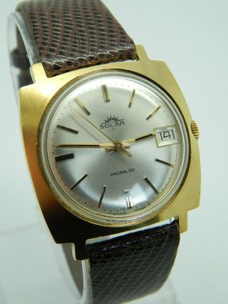Vintage Swiss Made Solar 17 Jewels Men ' s Square Dress Wrist Watch Gold Toned 2