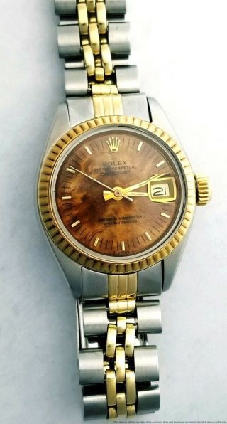 Vintage Ladies Rolex Datejust Gold Steel 6917 Rare Wood Dial Watch
