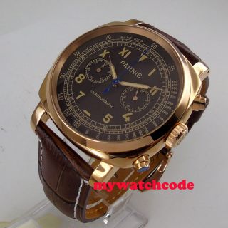 44mm Parnis Coffee Dial Rose Gold Plated Case Full Chronograph Mens Quartz Watch