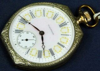 A 179.  Waltham 12 Size Asymmetric Case,  Fancy Colored Dial 15 J Pocket Watch.