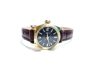 Womens Rolex Datejust 6917 18k Gold Black Dial Leather Watch W/ Box $1999.  Obo