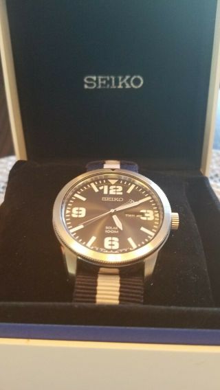 Seiko Mens Stainless Solar Powered Watch With Nato Strap - Sne329