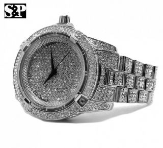 Men Hip Hop White Gold Plated Iced Bling Quavo Metal Band Clubbing Watch
