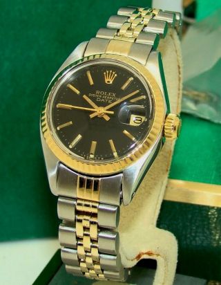Rolex Womens Stainless & Gold Automatic Black Dial Date Watch 6917 