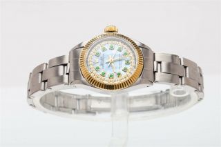 Estate $7000 Blue Mop Emerald Diamond Oyster Ladies Rolex 18k Gold Ss Watch Wty