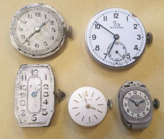 5 X Vintage Watch Movements,  Record,  Herald,  Certina,  Etna,  Buren