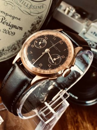 Baume & Mercier Geneve 18k Solid Rose Gold Chronograph Black Dial Vintage Watch