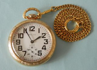 Balco Pocket Watch Engraved Locomotive W Chain 17 Jewel Incabloc Gold - Tone