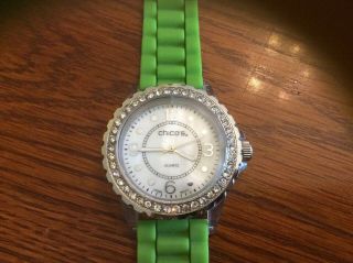Chicos Silvertone Watch Lime Green Silicone Band With Clear Crystals