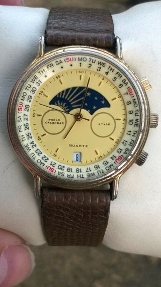 Style Mens Vintage Moon Phase Month Day Date Calendar Watch