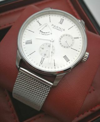 42mm Parnis White Dial Date Power Reserve Automatic Men 