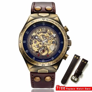 Steampunk Men Watch Automatic Mechanical Skeleton Vintage Self Wind Leather Band