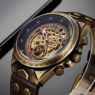 Steampunk Men Watch Automatic Mechanical Skeleton Vintage Self Wind Leather Band 4