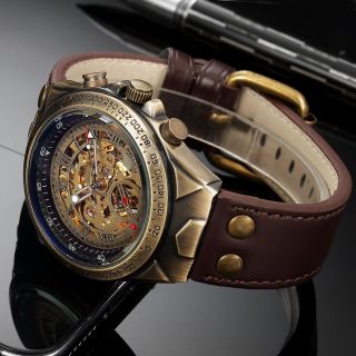 Steampunk Men Watch Automatic Mechanical Skeleton Vintage Self Wind Leather Band 5