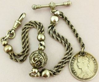 Antique Victorian Solid Silver Albertina Pocket Watch Chain W Coin/fob