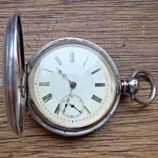 Antique Victorian 1885 Sterling Silver Full Hunter Pocket Watch - Ticking