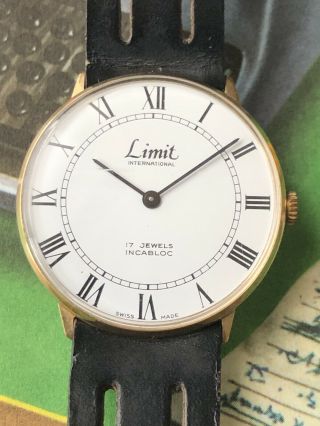 Vintage Mens Watch Limit 17 Jewels Swiss Made Gold Plated Black Roman Numeral