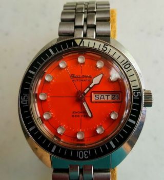 Bulova Automatic Oceanographer Snorkel Orange Dial Vintage Diver Watch 666ft Nr