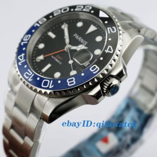 40mm Parnis Sapphire GMT Ceramic Bezel Black Dial Automatic Men ' s Watch 2173 2