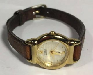 Vintage Women Citizen Watch Cq 5930 K00845 Brown Leather Band Gold Plate Case