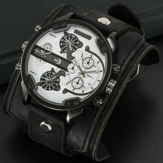 Aphotic Huge Fashion 4 Time Zone Watch Gothic Wide Real Black Leather Wristband