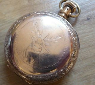 Rare Keystone Watch Co Gold Plated Antique Gents Pocket Watch Engraved Stag