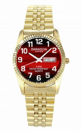 Swanson Men ' s Gold Day - Date Watch Red Dial with Large White Numbers 2
