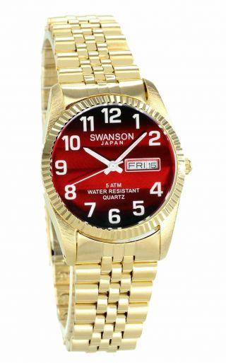 Swanson Men ' s Gold Day - Date Watch Red Dial with Large White Numbers 3