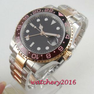 40mm Parnis Black Dial Ceramic Date Sapphire Glass Gmt Automatic Mens Watch