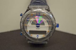 Vintage Swatch Watch Beep Up Pager Swiss Made Silver Blue Leather Band Euc